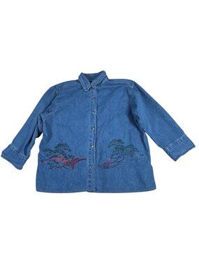 Chicos Design Embroidered Denim Button-Up Shirt Size 1 100% Cotton Lightweight